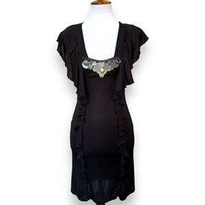 Karen Millen Womens Sheath Dress Black Flutter Sleeve Square Neck Embellished 6